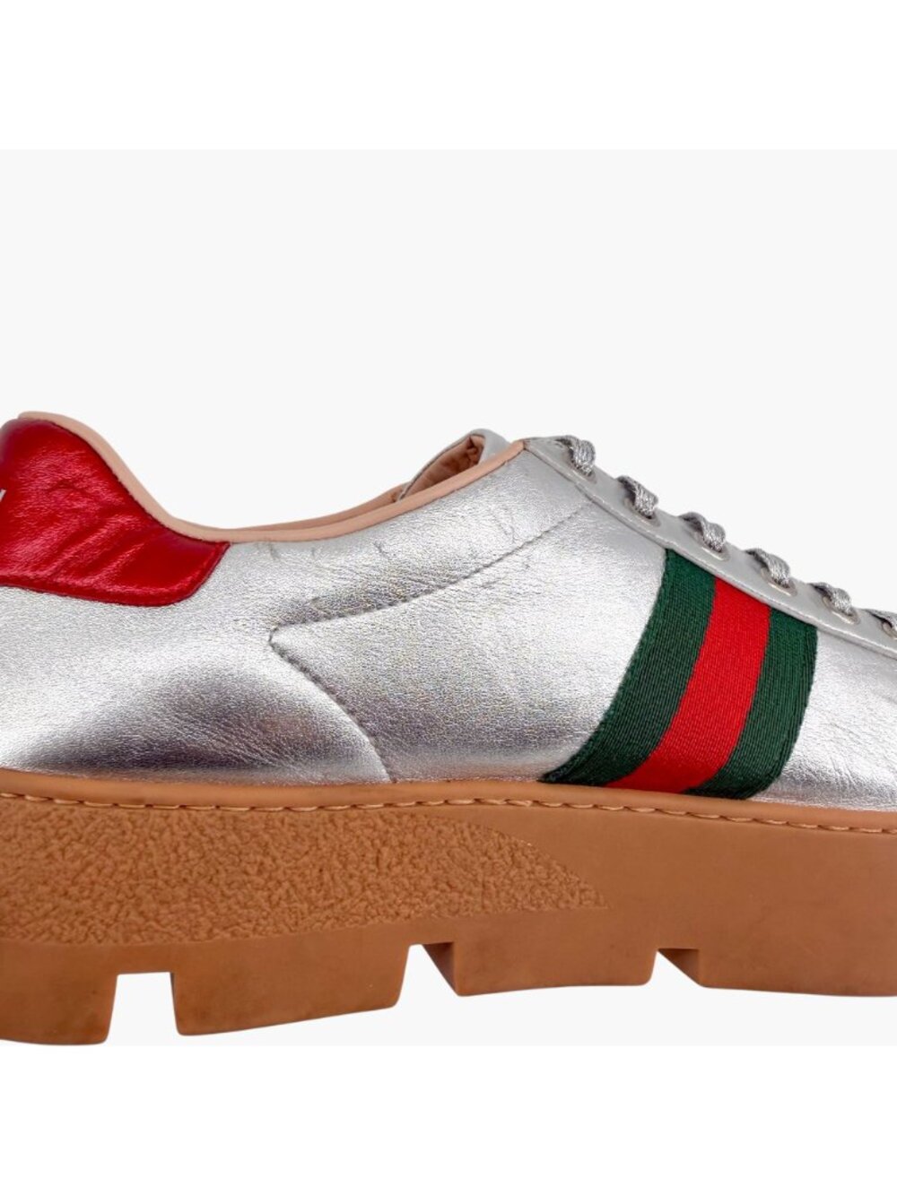 Gucci Ace Bee Silver Leather Platform Low Top Sneakers Shoes Size 41 US 11 Women - Picture 12 of 15